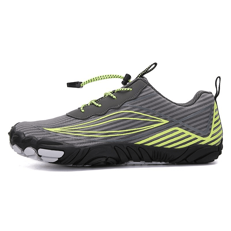 Gray and yellow sports mountain bicycle sneakers with lightweight sole, designed for outdoor adventures. SF0512 model.